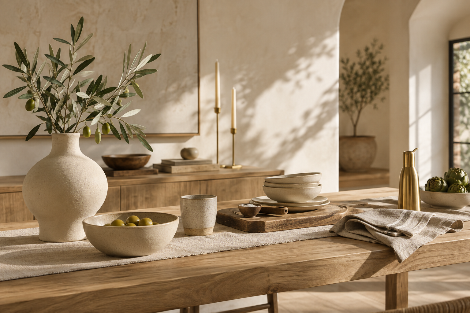 Styling inspiration: ceramic vase, olive branches and a softly lit dining table