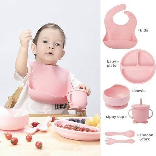 7-Piece Silicone Baby Feeding Set – Pink