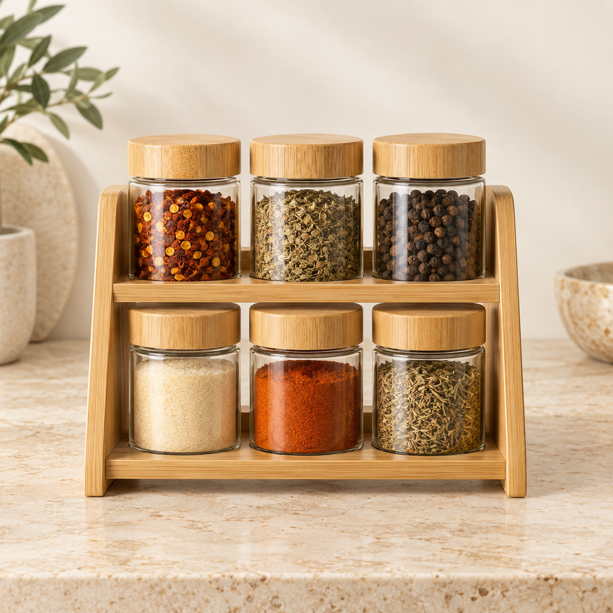 Glass Spice Jars with Bamboo Rack